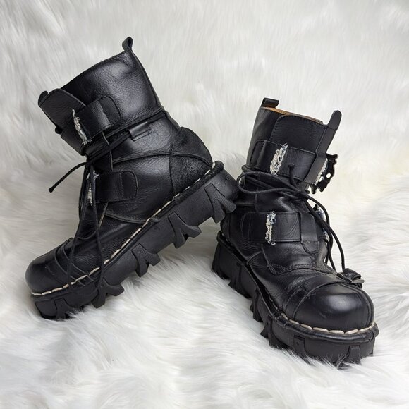 Boseton Men's Leather Moto Biker Boots Black Lace up Burning Man grunge - Picture 1 of 16